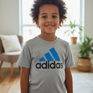 Adidas Boys Size 6 Heather Grey Blue Logo Graphic Short Sleeve Athletic T-Shirt